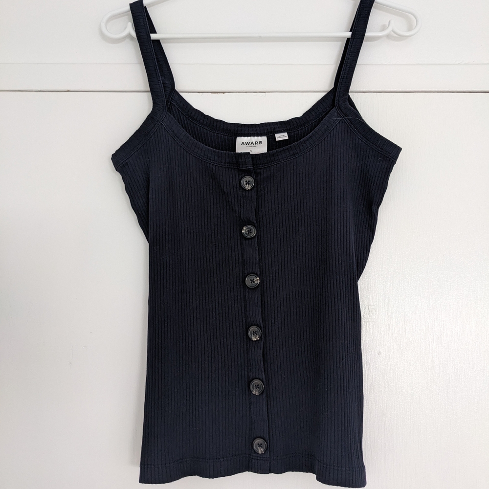 Navy Blue Ribbed Button-Up Women's Top